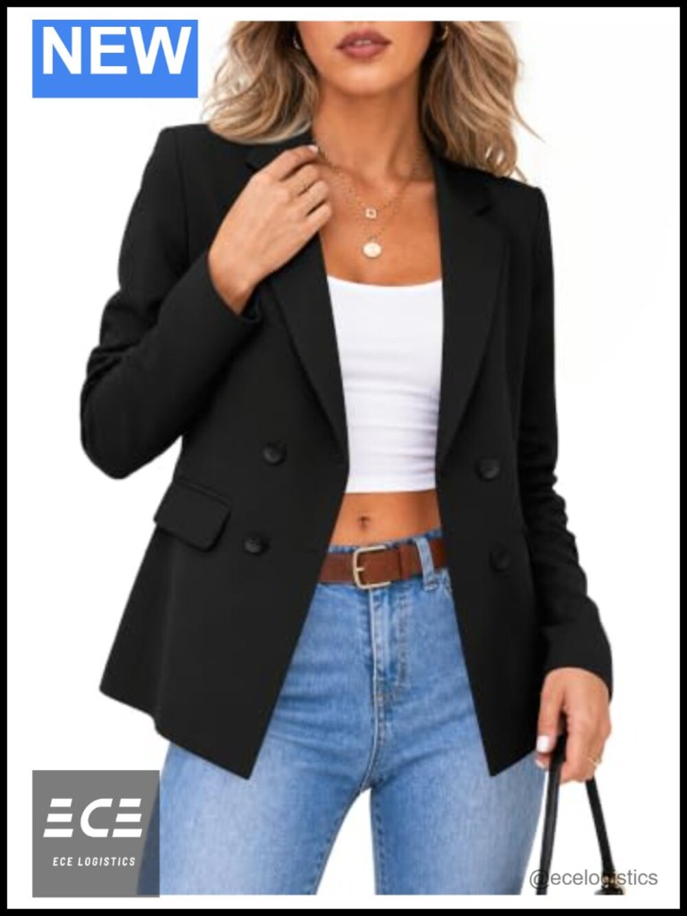 Women's Double-Breasted Blazer Polyester Notched Lapel Long Sleeve